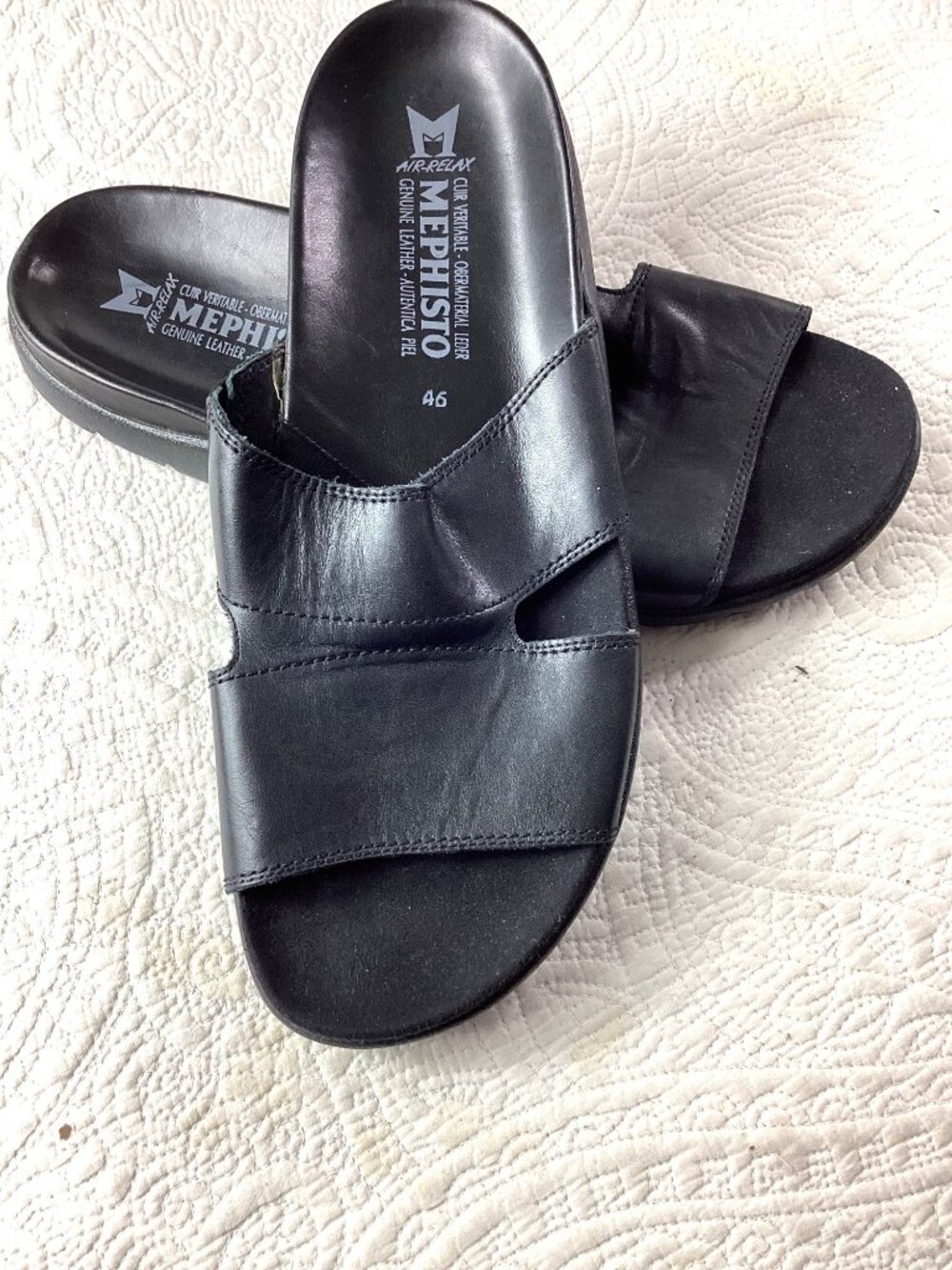 Mephisto Mens Air-Relax Black Leather Slide Sandals Size 46 EU, US 12*EUC